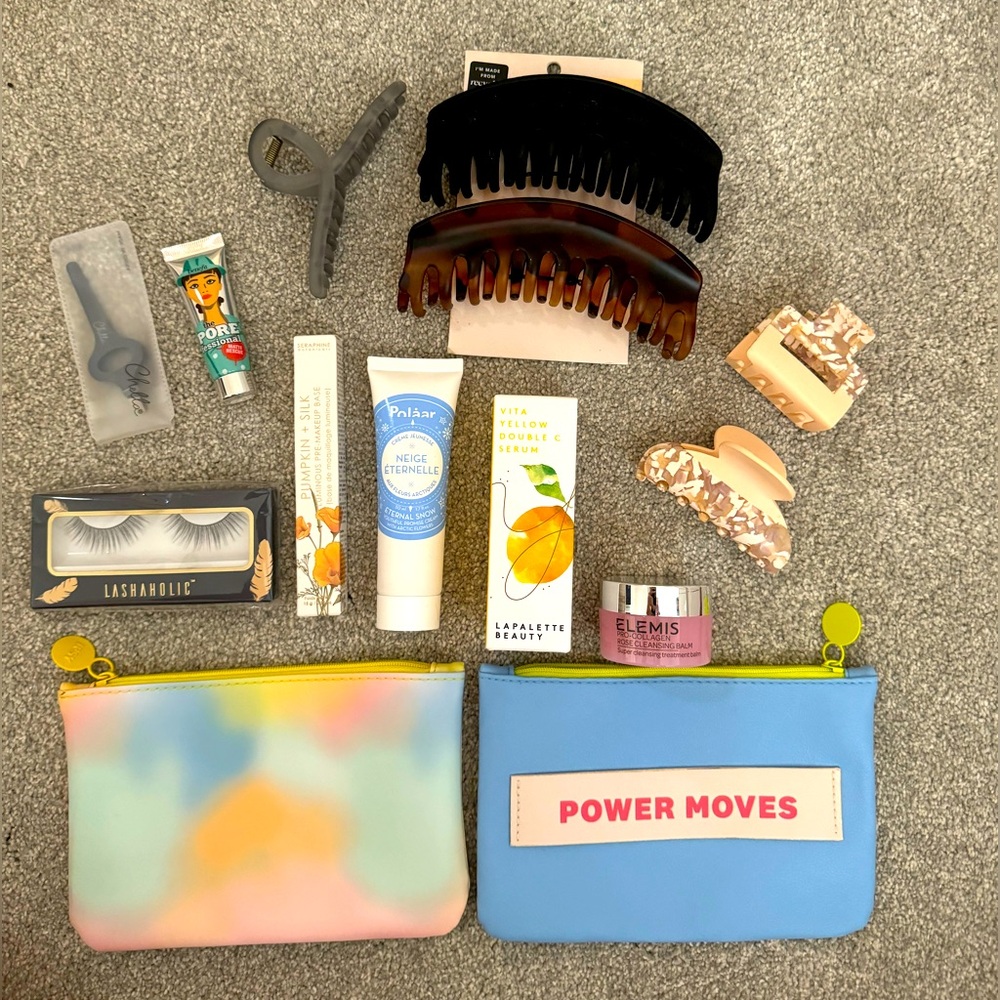 Ipsy 🖤 13 pieces lot NEW bags lashes benefit tweezers Elemis Polåar claw clips